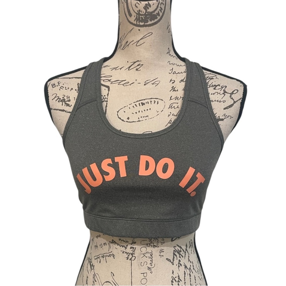 Nike Just Do It Sports Bra Gray Orange Logo Racerback Large Medium Support Gym